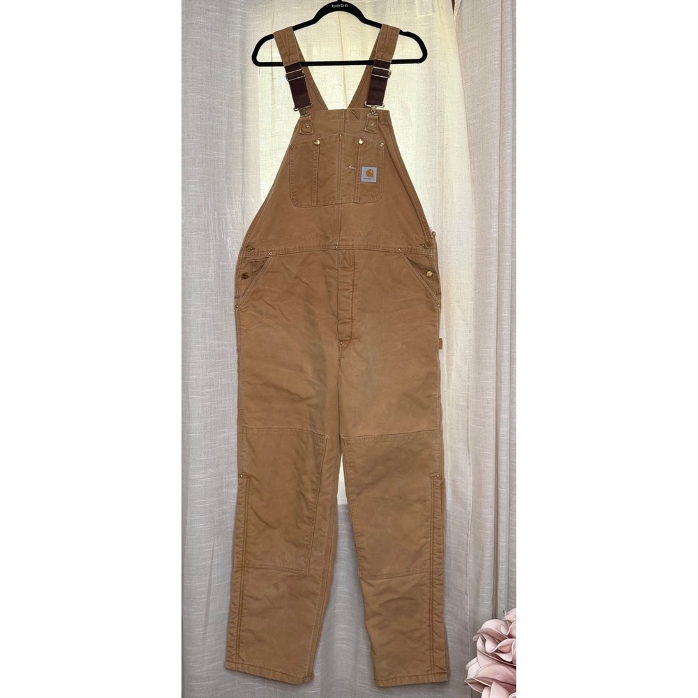 Vintage Carhartt R02 BRN Quilt Line Double Knee Duck Canvas Overalls USA 44 x 34 - Picture 1 of 12